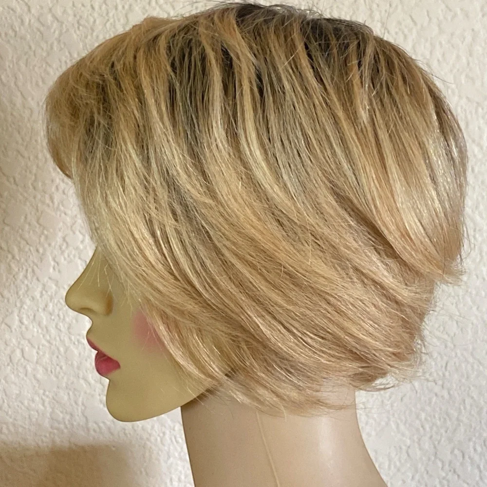 Honey Blonde Tapered Pixie Bob Dark Roots Synthetic Wig Feminine One Size Chic